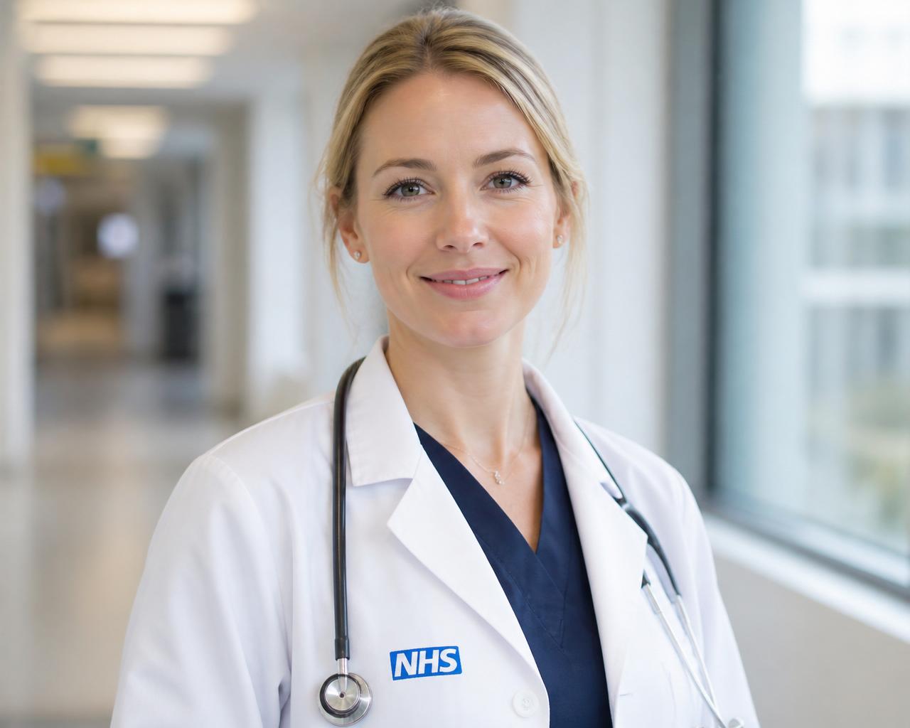NHS doctor smiling in a hospital corridor